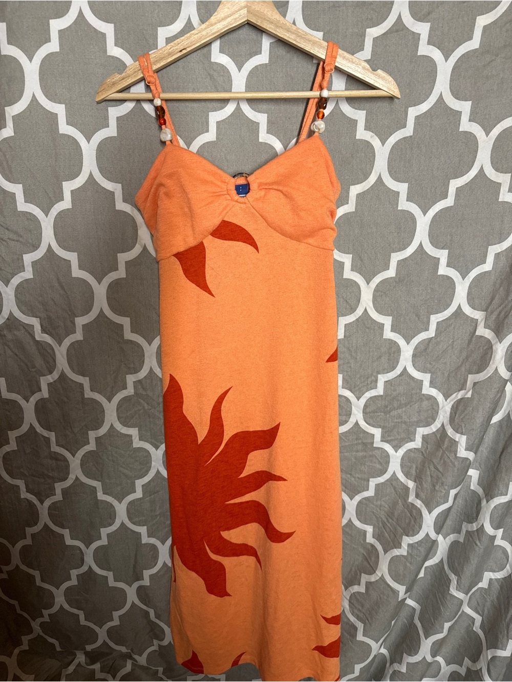 Old Navy Orange Maxi Dress with Red Sunburst Motif Size Small Towel Material Y2K